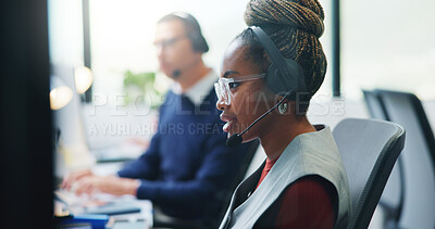 Buy stock photo Agent, woman and talking with headset at call center for advice, customer service and online query. Coworking, consultant and microphone for client support, crm representative and virtual assistance