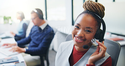Buy stock photo Happy, consultant and portrait with headset in call center for communication or online advice. Female person, friendly agent or smile with mic for virtual assistance, help or web support in agency