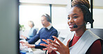 Agent, woman and consulting with headset in call center for loan assistance, online support or CRM. Coworking, advisor and client chat with tech for insurance claim, policy update or customer service