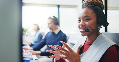 Buy stock photo Agent, woman and consulting with headset in call center for loan assistance, online support or CRM. Coworking, advisor and client chat with tech for insurance claim, policy update or customer service
