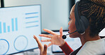 Call center, computer and business black woman in office for insurance agent, chart and advisor. Claims policy, help desk and cover regulation data with employee in agency for contact and advice