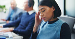Call center, consultant and headache with woman in office for customer support, fail and debt crisis. Hotline operator, contact us and fatigue with person in coworking agency for communication