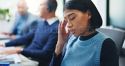 Buy stock photo Call center, consultant and headache with woman in office for customer support, fail and debt crisis. Hotline operator, contact us and fatigue with person in coworking agency for communication