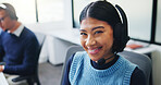 Call center, portrait and smile with business woman in office for insurance agent, consulting and advisor. Claims policy, help desk and cover regulation consultant with employee in coworking agency
