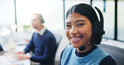 Buy stock photo Call center, portrait and business woman in office for insurance agent, consulting and advisor. Claims policy, help desk and cover regulation consultant with employee for contact and coworking