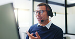 Call center, computer and business man in office for insurance agent, consulting and advisor. Claims policy, help desk and cover regulation consultant with employee for contact, glasses and advice