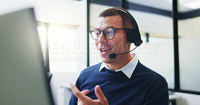 Buy stock photo Call center, computer and business man in office for insurance agent, consulting and advisor. Claims policy, help desk and cover regulation consultant with employee for contact, glasses and advice