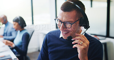 Buy stock photo Consulting, man and smile with headset in call center for inbound assistance, loan advice or CRM. Coworking, finance agent and happy with mic for insurance claim, online inquiry and customer support