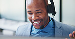 Call center, computer and smile with business black man in office for insurance agent, consulting and advisor. Claims policy, help desk and cover regulation consultant with employee in agency