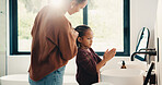 Hygiene, bathroom and mother with child for washing hands in home with health, dirt and germ prevention. Wellness, support and mom with girl kid for getting reading with clean skin together in house.