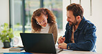 Education, homework and laptop of dad with daughter in home for knowledge, study or teaching. Computer, learning and single parent man talking to girl child for development, growth or school project