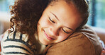 Hug, security and smile of girl with parent in home for bonding, relationship trust or safety. Daughter, eyes closed and family with child embracing father in apartment for comfort or connection