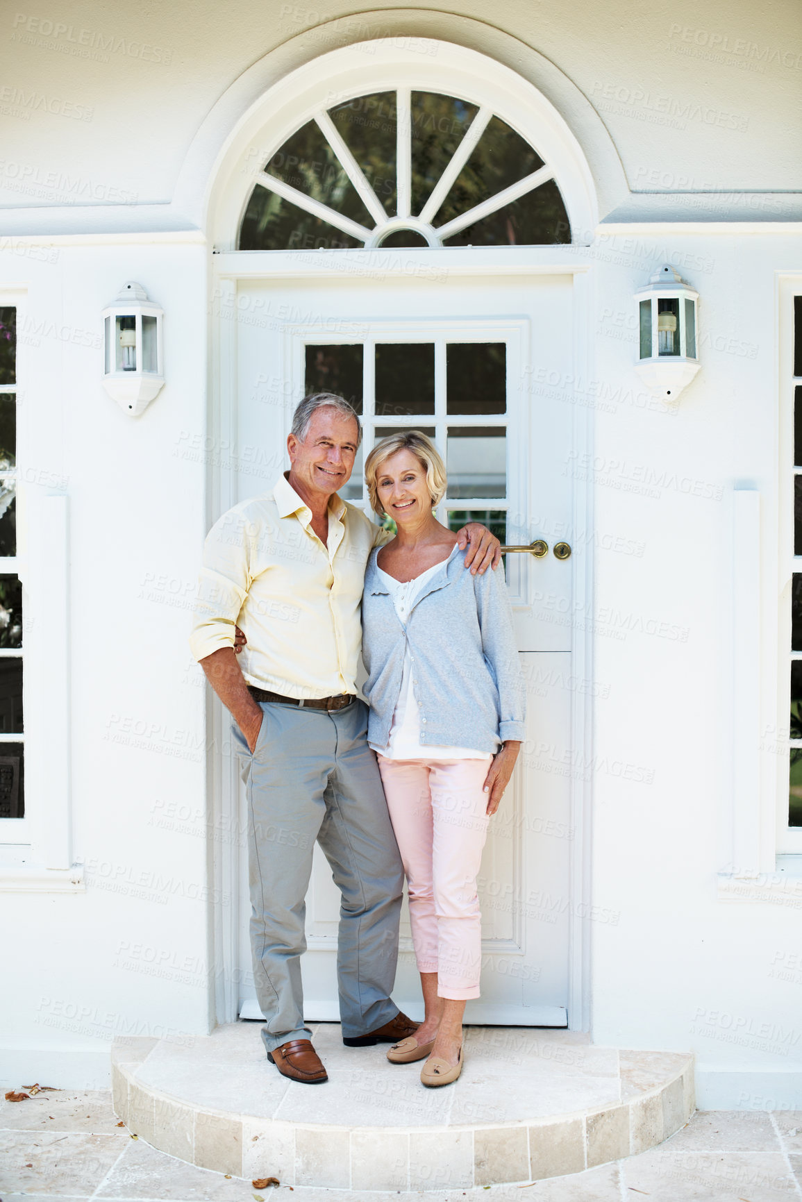 Buy stock photo Senior, happy couple and hug at front door for real estate, long term investment or mortgage. Outdoor, people and portrait at home entrance for property purchase, relocation or comfortable retirement
