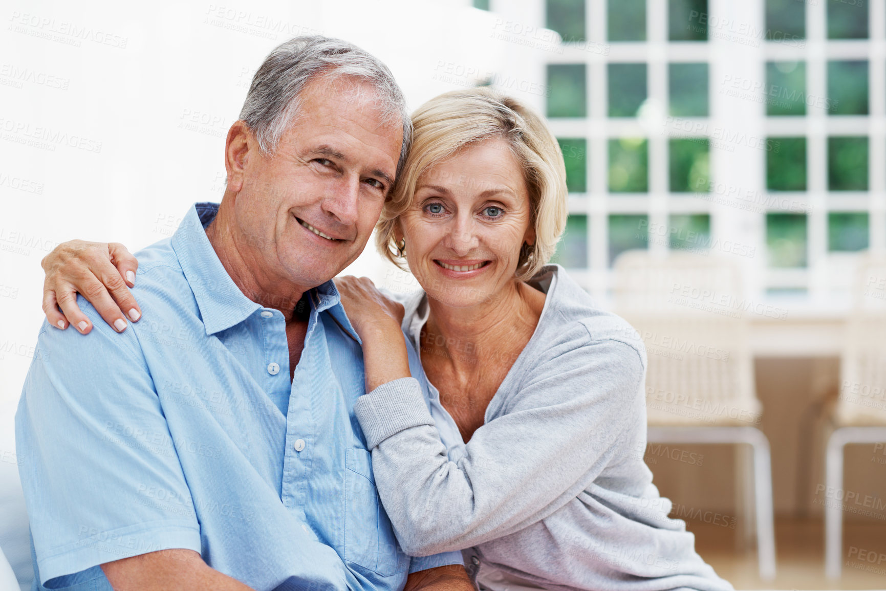 Buy stock photo Portrait, love and relax with old couple on sofa in home for bonding, connection and marriage. Support, weekend break and retirement with senior man and woman in living room in house for smile