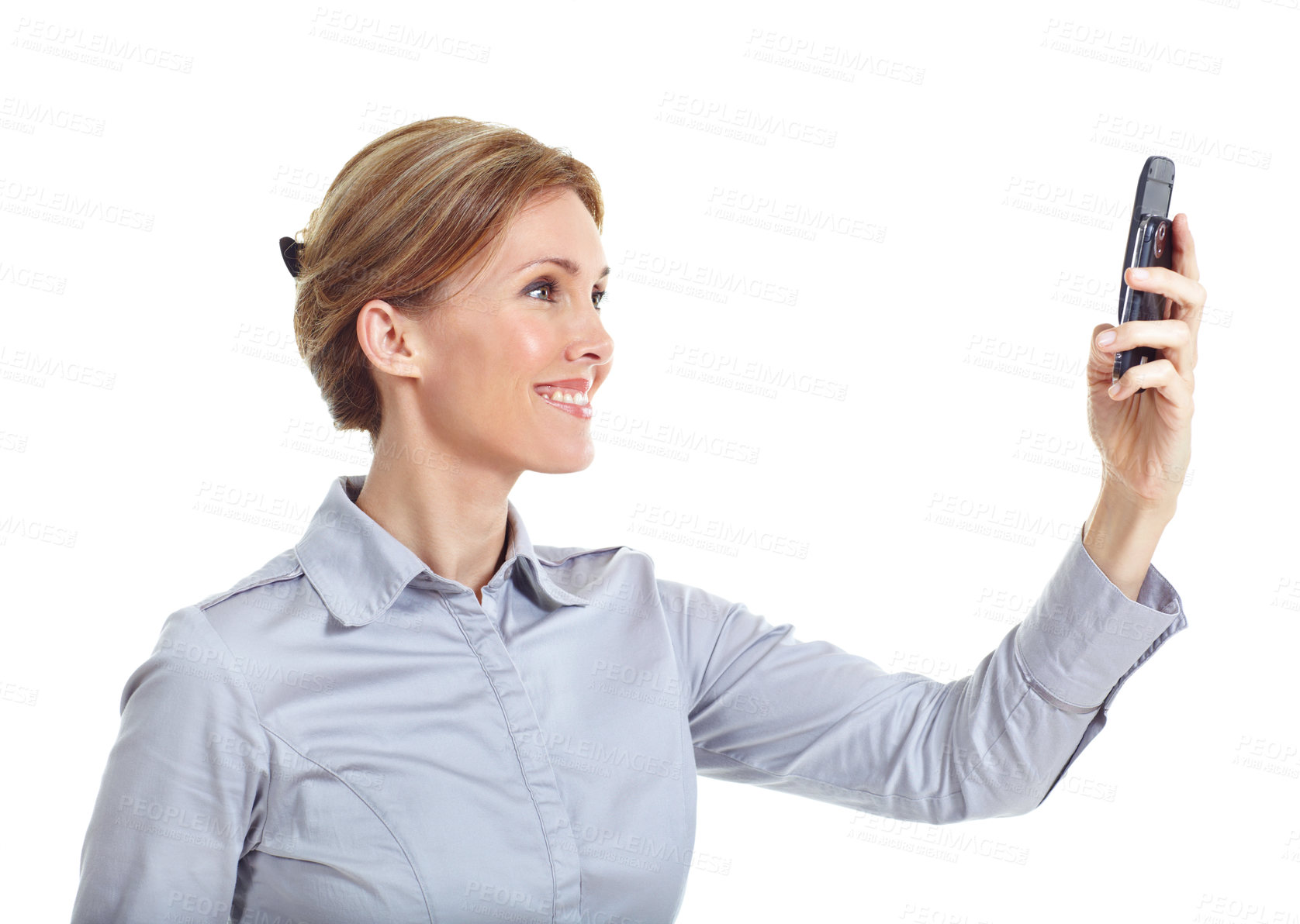 Buy stock photo Selfie, smile and business woman in studio for profile picture, company about us and social media branding. Photography, online post and professional with person on white background for update