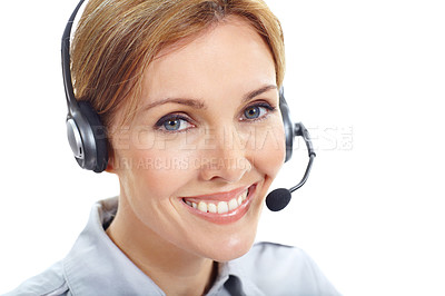 Buy stock photo Portrait, happy and woman in studio for call center, online consulting and contact us with headset. Business, smile and person with mic for customer support, crm service and help on white background