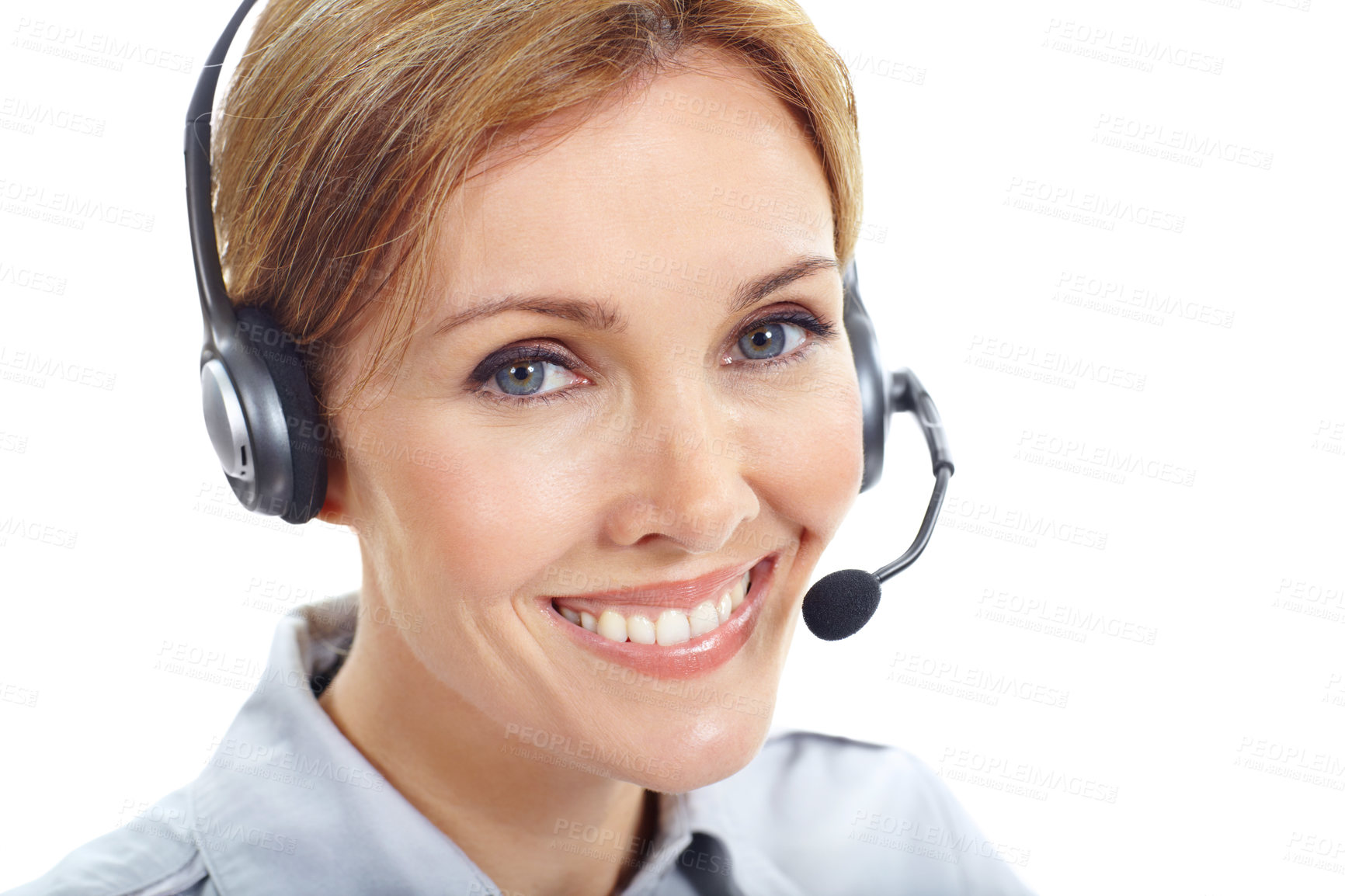 Buy stock photo Portrait, happy and woman in studio for call center, online consulting and contact us with headset. Business, smile and person with mic for customer support, crm service and help on white background