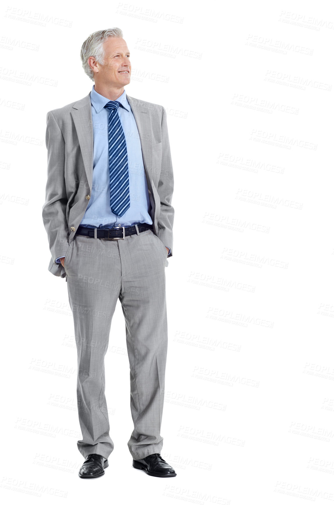 Buy stock photo Thinking, business and mature man in studio for financial decision, problem solving and solution. Corporate, space and person with investment choice, planning and thoughtful on white background