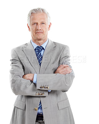 Buy stock photo Crossed arms, serious and portrait of businessman in studio with confidence for finance career. Boss, professional and mature financial manager with pride for company about us by white background.