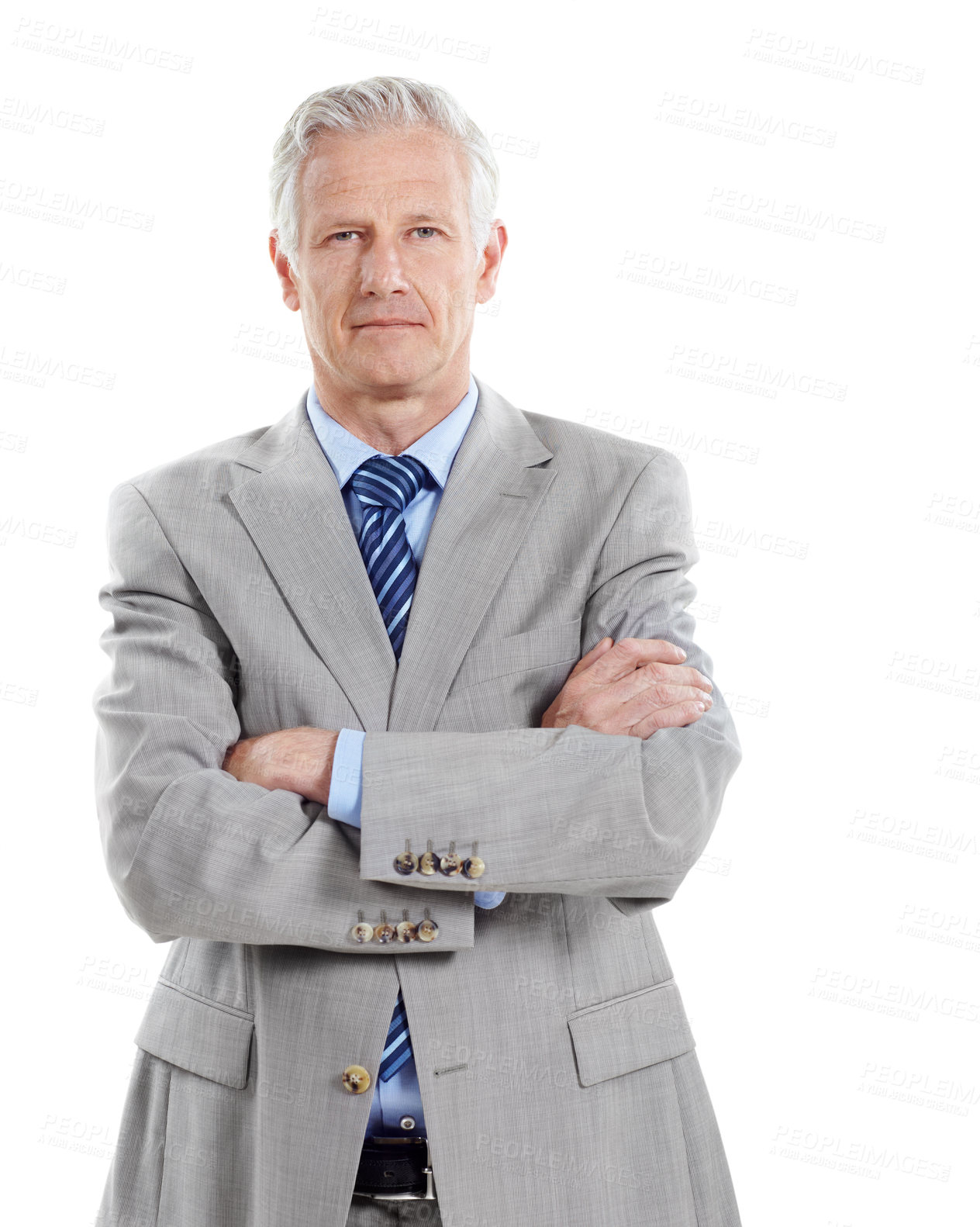 Buy stock photo Crossed arms, serious and portrait of businessman in studio with confidence for finance career. Boss, professional and mature financial manager with pride for company about us by white background.