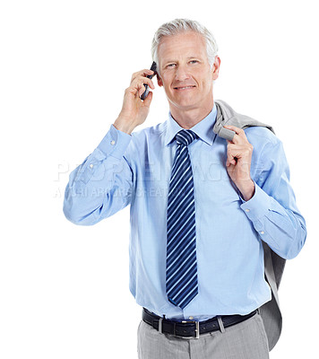 Buy stock photo Business, studio and mature man for phone call, communication and finance negotiation. Corporate, manager and portrait of person on cellphone for discussion, contact and talking on white background