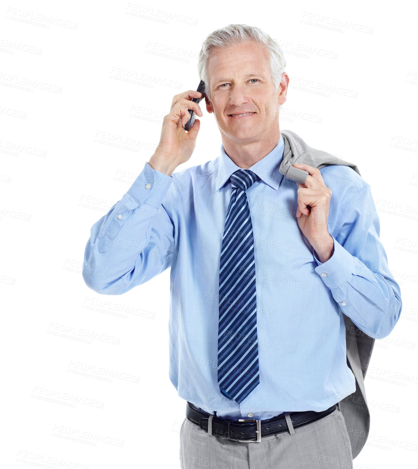 Buy stock photo Business, studio and mature man for phone call, communication and finance negotiation. Corporate, manager and portrait of person on cellphone for discussion, contact and talking on white background