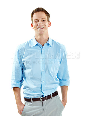 Buy stock photo Corporate, man and smile in studio portrait for property consultant, housing expertise or pride. Realtor, person and happy on white background for residential seller, about us and real estate career