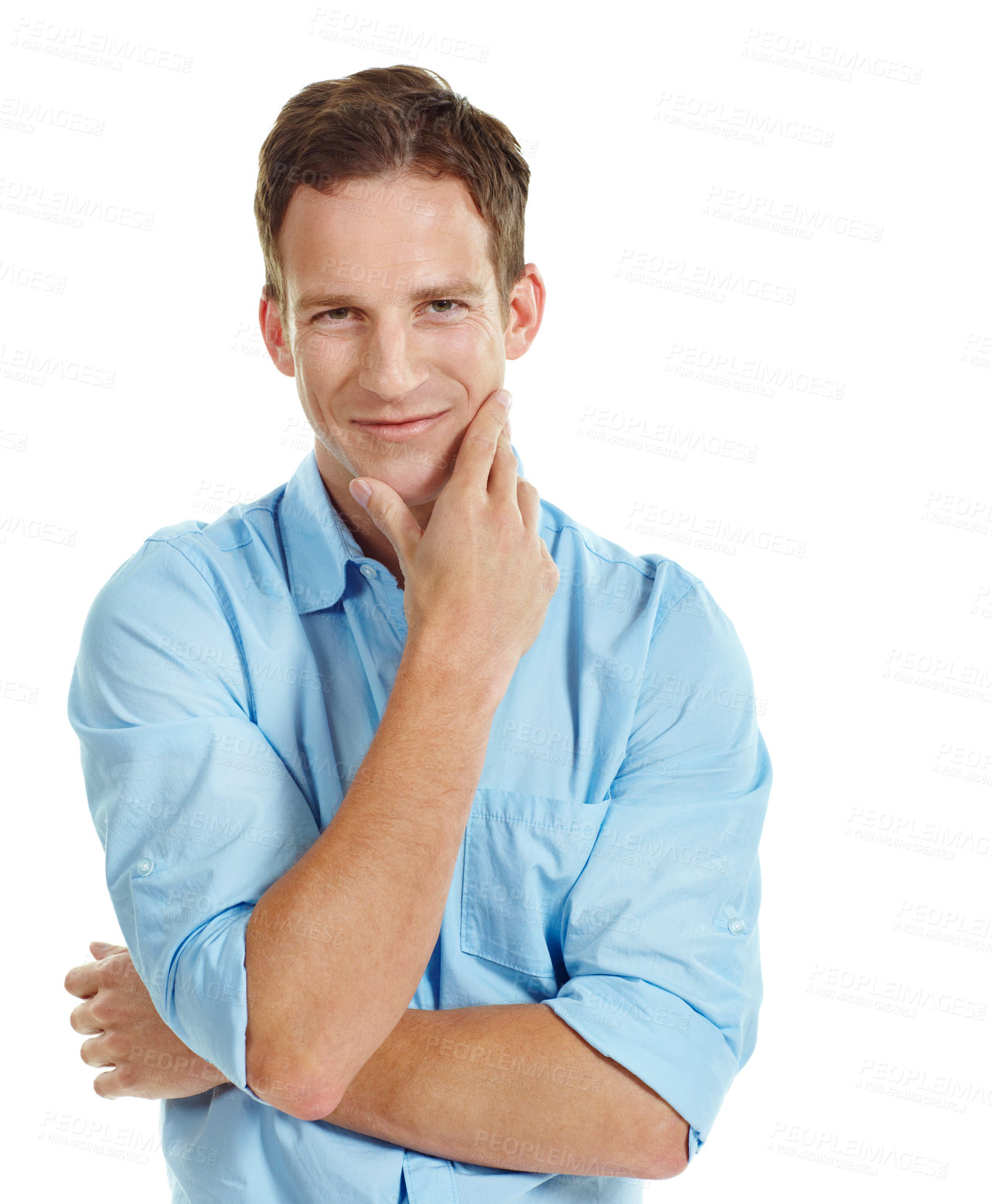 Buy stock photo Portrait, pride and businessman with smile in studio, accountant and ambitious for financial career. Corporate, bookkeeper and happy person with job opportunity, white background and space in USA