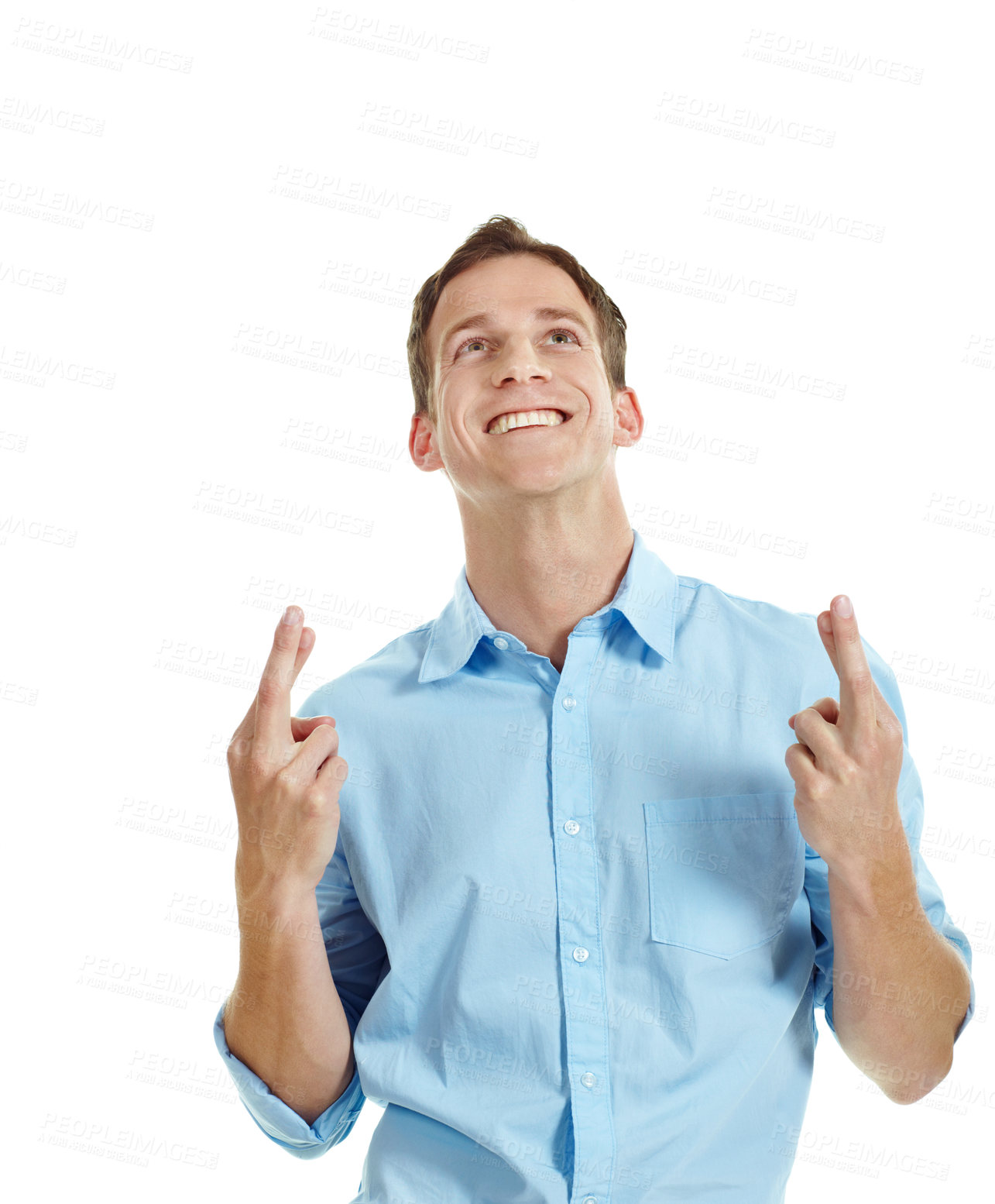 Buy stock photo Fingers crossed, happy and businessman in studio with hope for growth in finance career. Smile, luck and financial manager with optimism for good news on corporate opportunity on white background.