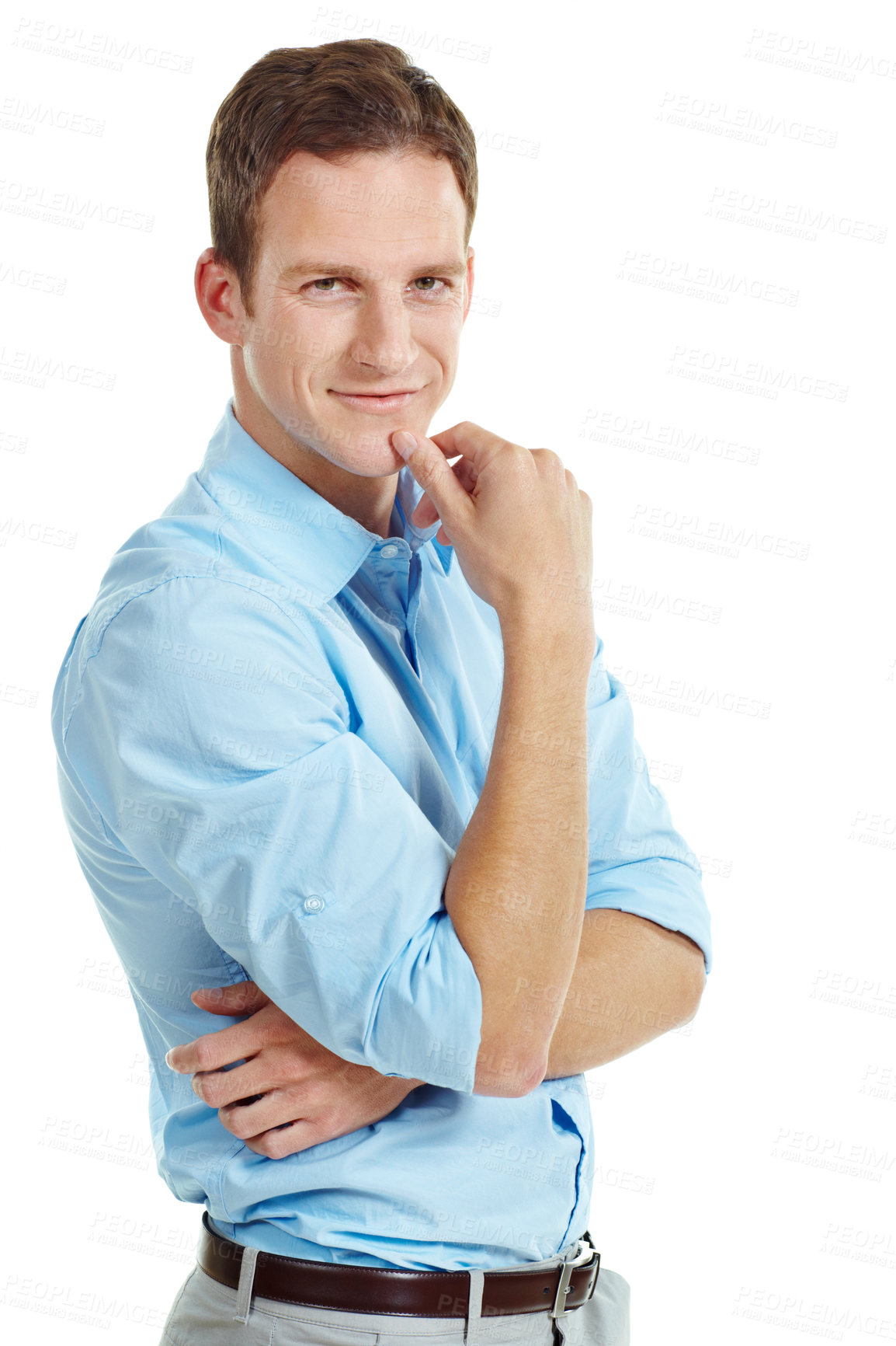 Buy stock photo Professional, man or confident in studio portrait for property financing, debt management or pride. Person, mortgage broker or smile on white background for loan specialist, market expert or about us