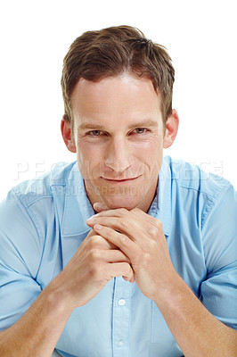 Buy stock photo Ambitious, portrait and businessman with smile in studio, accountant and pride for financial career. Corporate, bookkeeper and happy person with job opportunity, white background and confident in USA