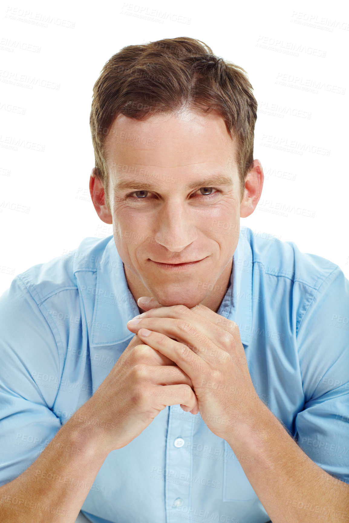 Buy stock photo Ambitious, portrait and businessman with smile in studio, accountant and pride for financial career. Corporate, bookkeeper and happy person with job opportunity, white background and confident in USA