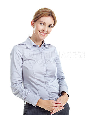 Buy stock photo Business, woman and smile in studio portrait for property expert, real estate services or pride. Mockup space, realtor or happy on white background for residential seller, about us or housing advisor