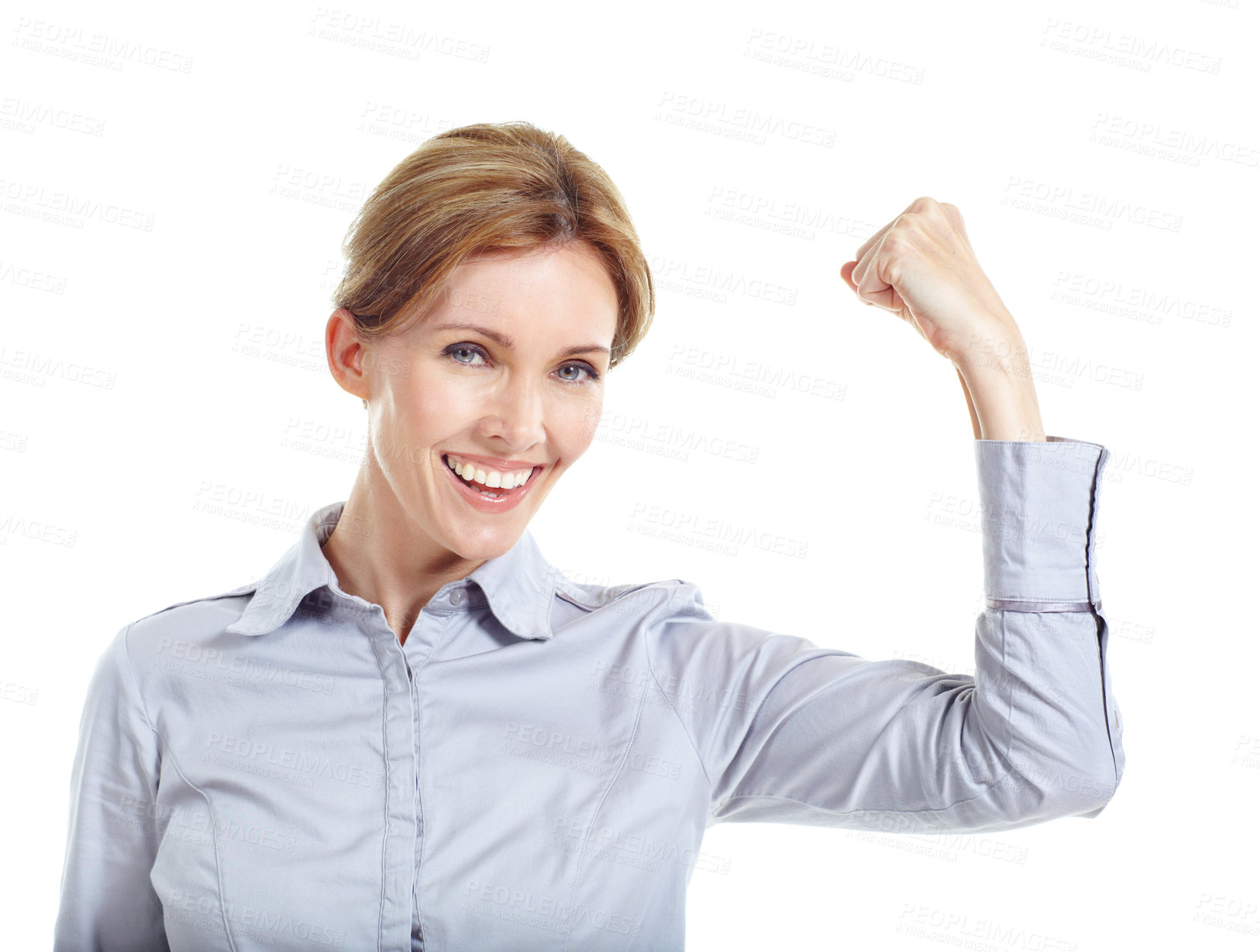 Buy stock photo Muscle, portrait and business woman in studio for success, empowerment and confidence for career. Corporate, happy and person with flex, strong arms and pride for challenge on white background
