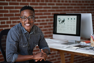 Buy stock photo Portrait, creative and black man in office with smile, development and marketing experience. Happy person, marketer or advertising professional in workplace for career growth, about us pr confidence
