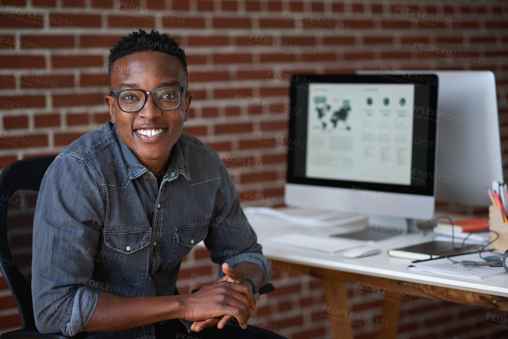 Buy stock photo Portrait, creative and black man in office with smile, development and marketing experience. Happy person, marketer or advertising professional in workplace for career growth, about us pr confidence