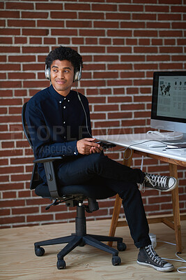 Buy stock photo Computer, man and thinking with headphones in office for audio transcription, sound or draft review. Listening, transcriber and tech for playback software, contemplating recording and podcast