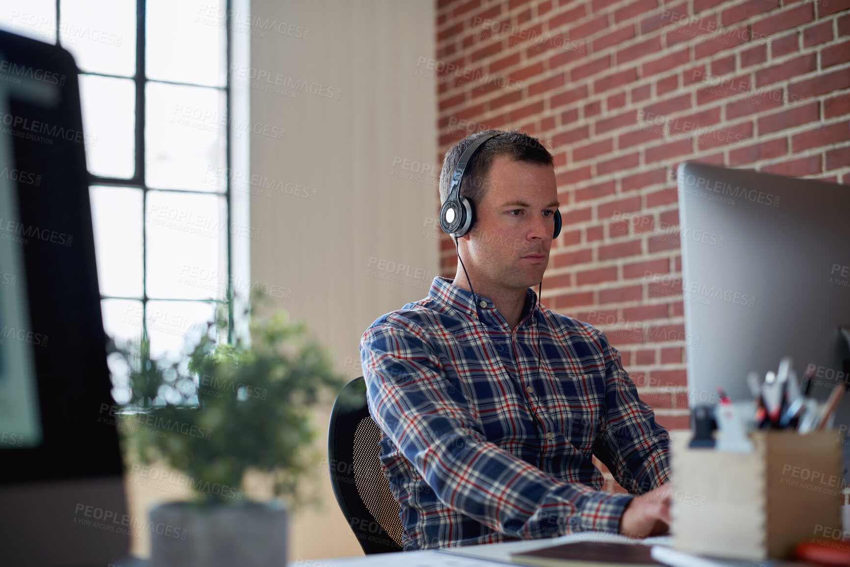Buy stock photo Man, headphones and computer in office with music for financial report, budget proposal and playlist. Person, accountant and tech in workplace for finance podcast, streaming or audio book for admin