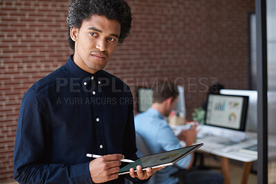 Buy stock photo Tablet, thinking and businessman in office with research for creative project with ideas online. Planning, digital technology and male magazine editor with brainstorming for article with publishing.