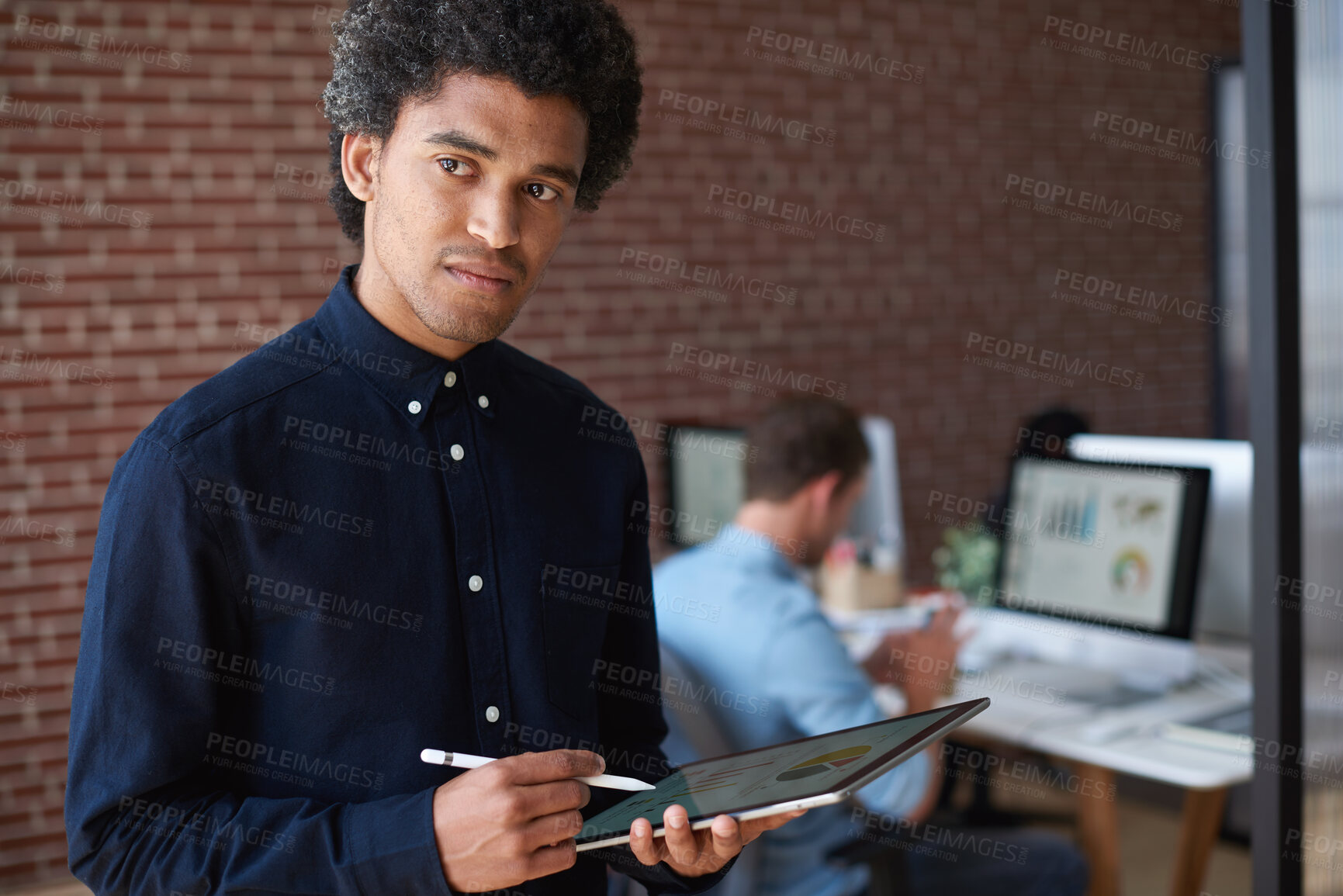 Buy stock photo Tablet, thinking and businessman in office with research for creative project with ideas online. Planning, digital technology and male magazine editor with brainstorming for article with publishing.