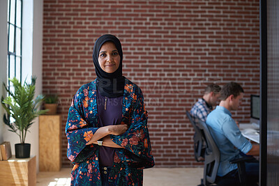Buy stock photo Portrait, creative and Muslim woman in office with confidence, about us and fashion magazine editor. Islamic person, manager and writer with career growth, smile or arms crossed for style publication