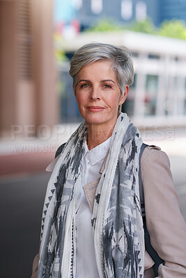 Buy stock photo Smile, professional and portrait of businesswoman in city with confidence for finance career. Corporate, outdoor and mature female financial advisor with pride for about us in urban town in London.