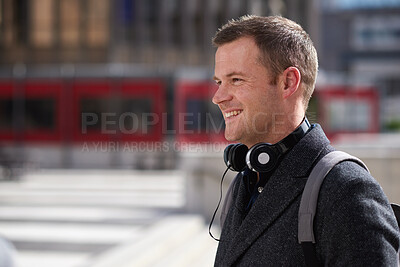 Buy stock photo Thinking, businessman and happy in city, commuting or planning for investment opportunity on journey. Outdoor, asset manager and person with smile on street, space and walking to work in morning
