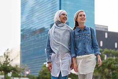 Buy stock photo College, friends and people walk in city with smile, bonding together and travel to campus in morning. Happy, exchange student and women downtown with connection, journey and commute to university.
