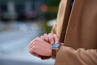 Buy stock photo Hands, smart watch and business person in city with notification, appointment and schedule. Time management, digital tech and entrepreneur with meeting, reminder and message with mobile app for trip