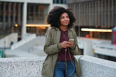Buy stock photo Business, travel and black woman outdoor with earphones, streaming and listening to music with ideas. Thinking, female person and morning commute with phone, daydreaming and podcast audio for journey