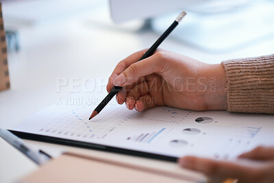 Buy stock photo Hands, business and woman with paperwork, charts and planning for profit increase. Person, employee and professional in office, stats for global trade and graphs for income audit and revenue