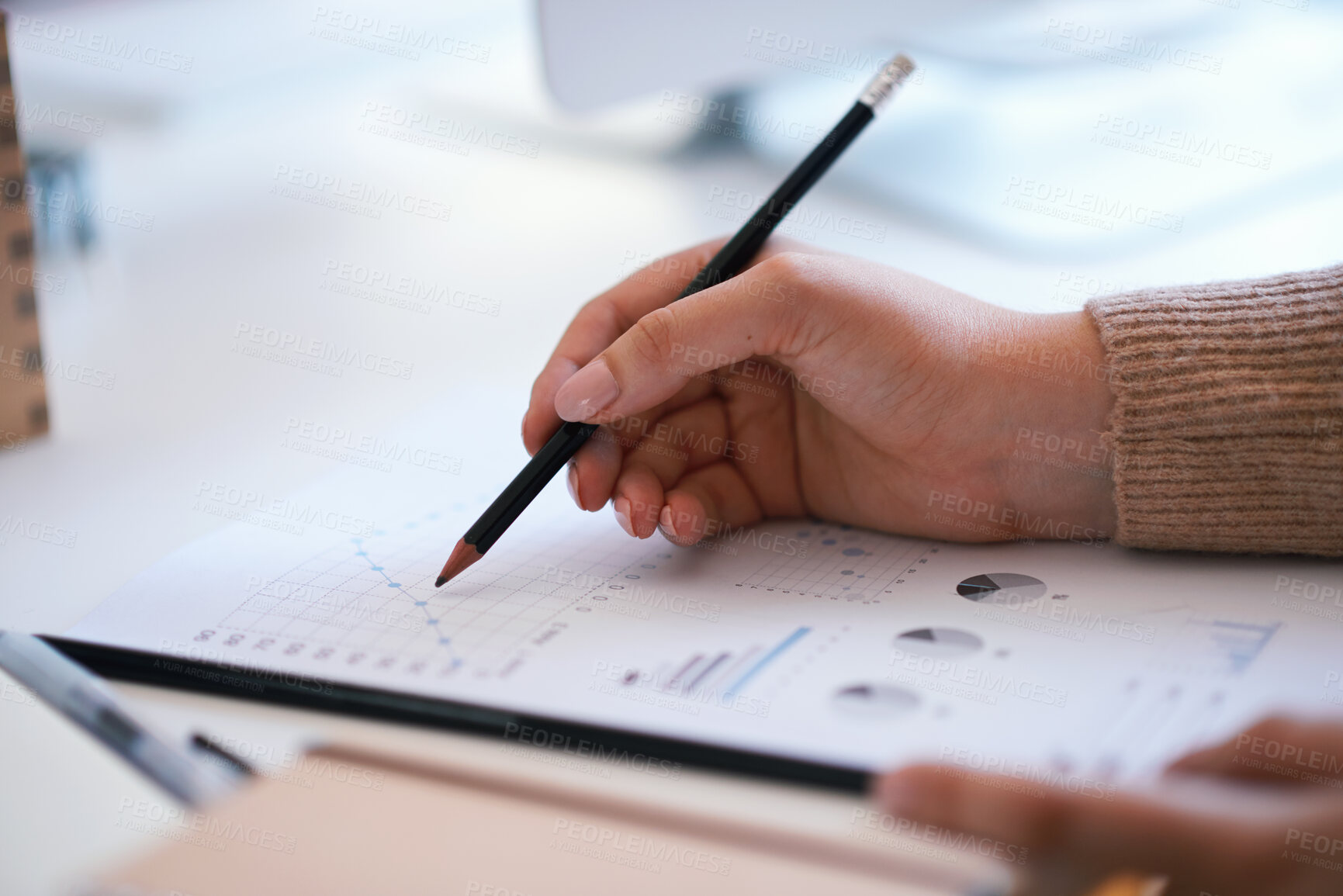 Buy stock photo Hands, business and woman with paperwork, charts and planning for profit increase. Person, employee and professional in office, stats for global trade and graphs for income audit and revenue