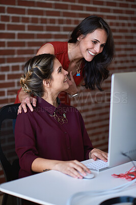 Buy stock photo Training, computer or business women in office for support, copywriting feedback or smile with intern. Mentor, tech and help new employee with article advice, coaching and learning with review
