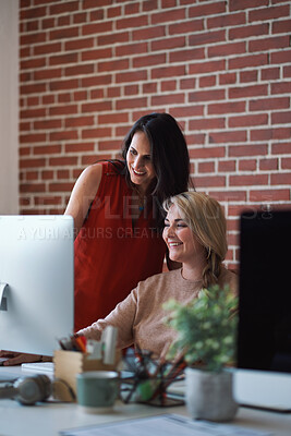 Buy stock photo Coaching, computer or business women in office for support, copywriting feedback or smile with intern. Mentor, tech and help new employee with article advice, training and learning with review